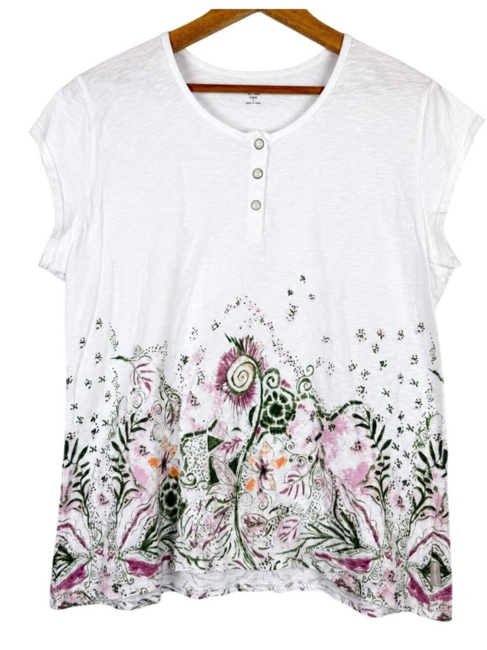 Woolrich Womens Large  Henley Top Floral Border Print Pearl Snaps White Cotton